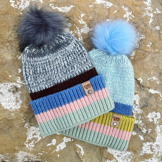 MONTANA MOUNTAIN STRIPED KNIT POM BEANIES